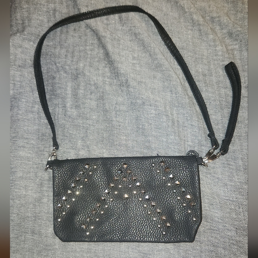 Black Rivet Convertible Studded Vegan Leather Clutch / Shoulder Bag